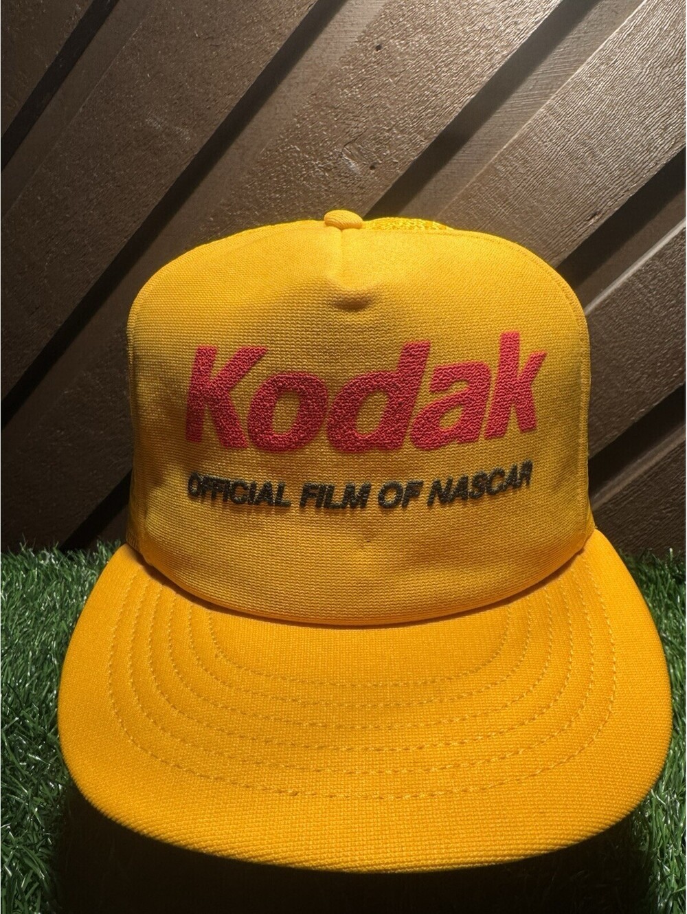 VTG 80s Kodak Official Film of NASCAR Trucker Hat Snapback Mesh Cap Yellow USA